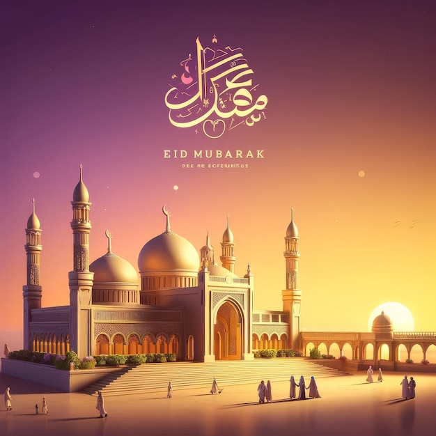 Eid Mubarak vieren met een serene scène van een moskee bij zonsondergang