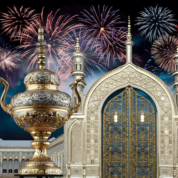 Eid Mubarak viering Koninklijke lamp Moskee Poort met vuurwerk Ramadan Kareem Stock Image