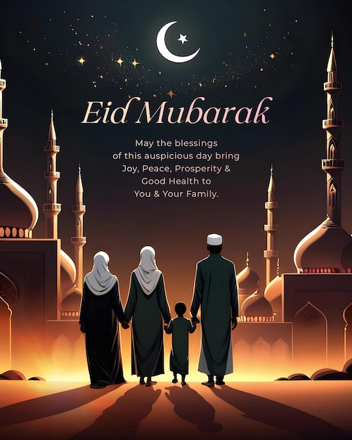 Eid mubarak wishes with Muslim family standing in front of mosque illustration