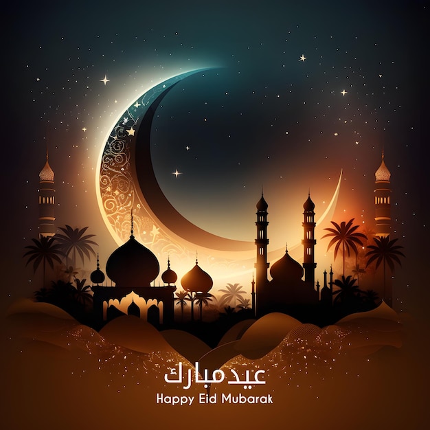 Ид мубарак с красивой мечетью и видом на ночное небо