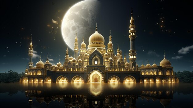 eid mubarak with giant crescent luxury elegant mosque at night