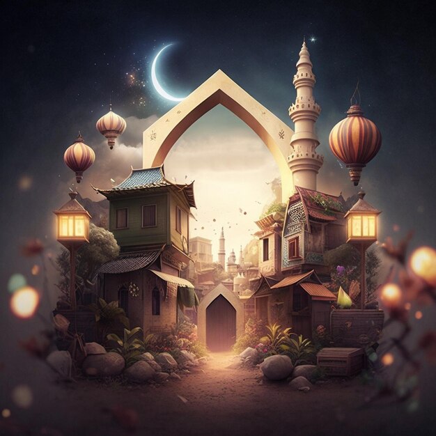 A Eid painting of a house with a moon and stars on it