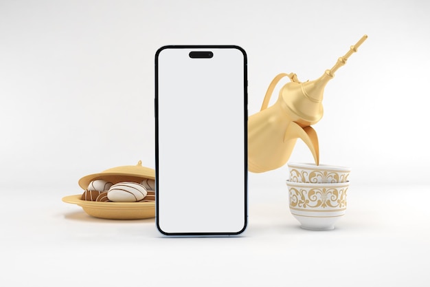 흰색 배경에 초콜릿 앞면이 있는 Eid Phone 14 Pro