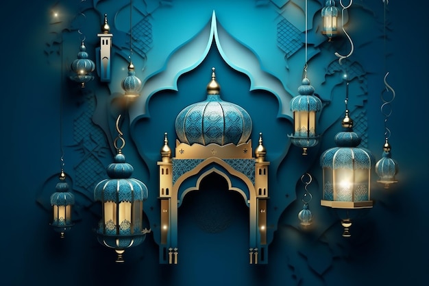 Eid and Ramadan blue and gold poster with a mosque Generative AI