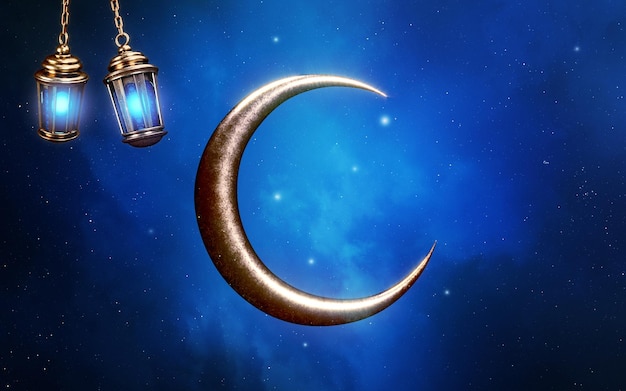 Eid ramadan islamic background empty blue galaxy crescent lamp\
lantern