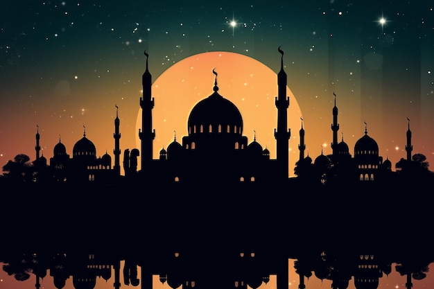 Eid and Ramadan night scene with a mosque and moon in the background Generative AI