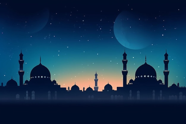 Eid and Ramadan night scene with a mosque and moon in the background Generative AI