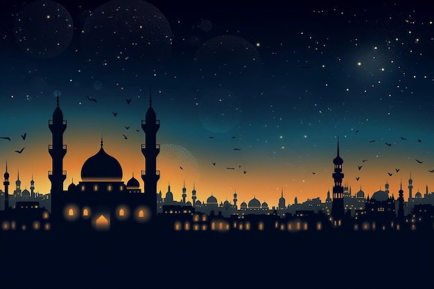 Eid and Ramadan night scene with a mosque and moon in the background Generative AI