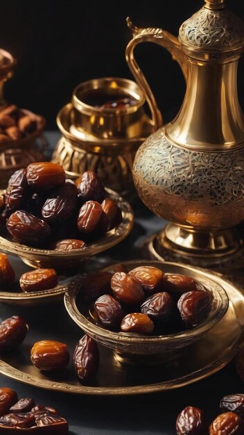 Eid and ramadan set with arabian coffee and dates set in dark background