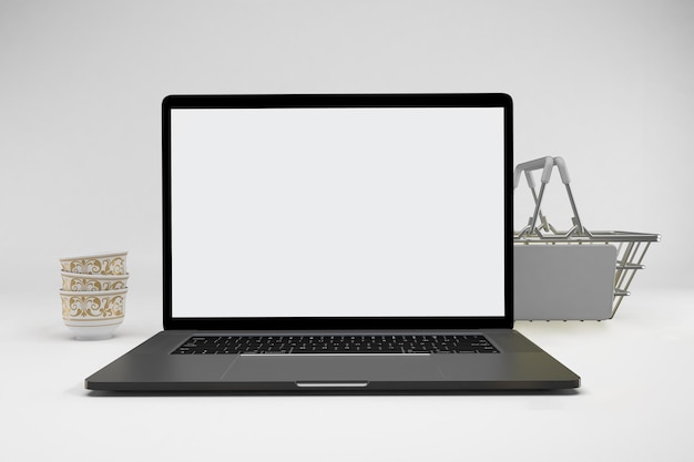 Eid Shopping Basket and Laptop Front Side In White Background