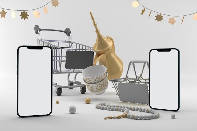 Eid Shopping Basket and Phone Fronted In Grey Background