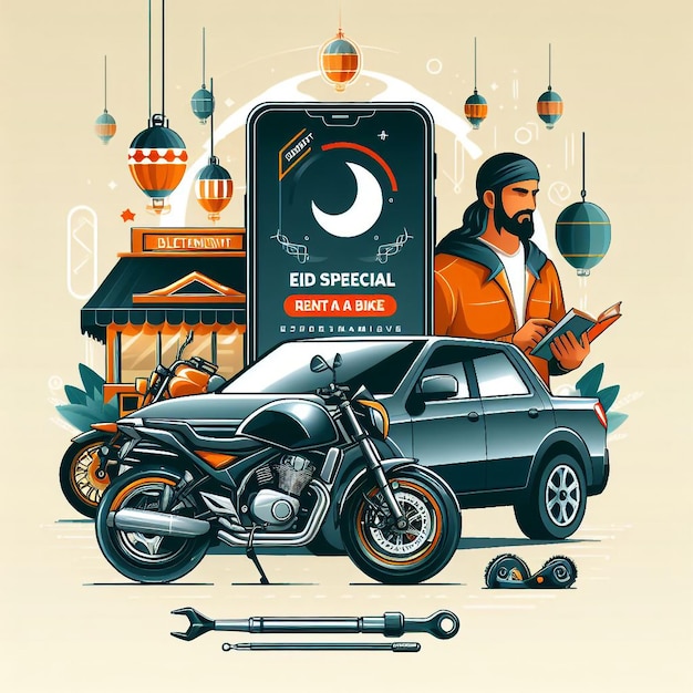 Eid Special Automotive Rent a Bike Sale Discount Offer Social Media Post Design Template