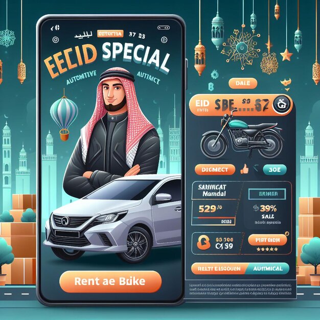 Eid Special Automotive Rent a Bike Sale Discount Offer Social Media Post Design Template