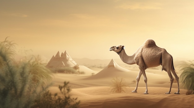 Eid ul adha kameel met moskee op achtergrond generatieve ai