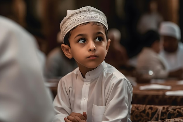 Eid ul Adha Mubarak jonge jongen in een witte moslimoutfit