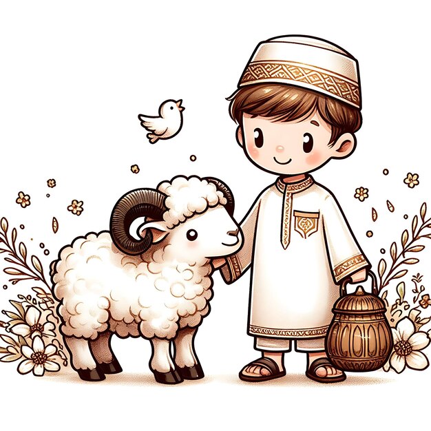 Eid ul adha vector illustratie een jongen met een geit te offeren