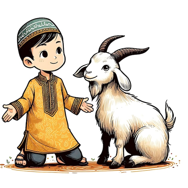 イード・ウル・アダのベクトルイラスト 犠牲にされるヤギを持つ少年