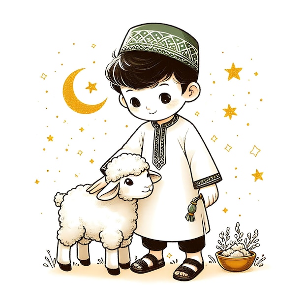 Eid ul adha vector illustration a boy with a goat to be sacrificed