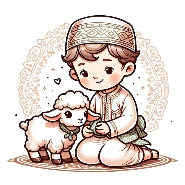 Eid ul adha vector illustration a boy with a goat to be sacrificed