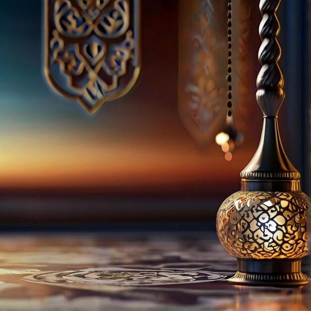 Foto eid ul fitr 3d lantaarn en moskee venster islamitische groetkaarten eid mubarak achtergrond
