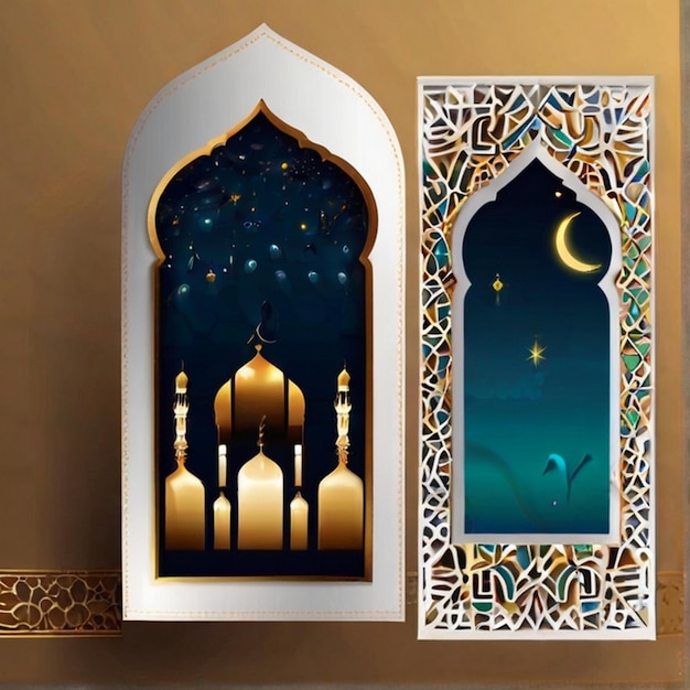 Eid ul fitr 3D lantern and mosque window Islamic greeting cards Eid Mubarak Background