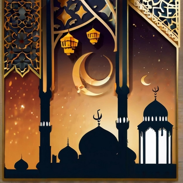 이드-울-피트르 3D 랜턴과 모스크 창문 이슬람 인사 카드 이드 무바라크 배경