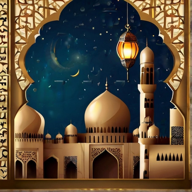 Eid ul fitr 3D lantern and mosque window Islamic greeting cards Eid Mubarak Background