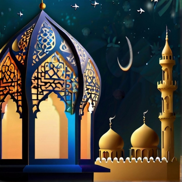 Eid ul fitr 3D lantern and mosque window Islamic greeting cards Eid Mubarak Background