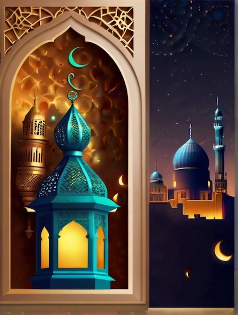 イード・ウル・フィトール 3D ランターンとモスクの窓 イスラム教の祝賀カード イーダ・ムバラック 背景