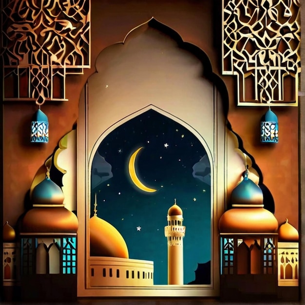 Eid ul fitr 3D lantern and mosque window Islamic greeting cards Eid Mubarak Background