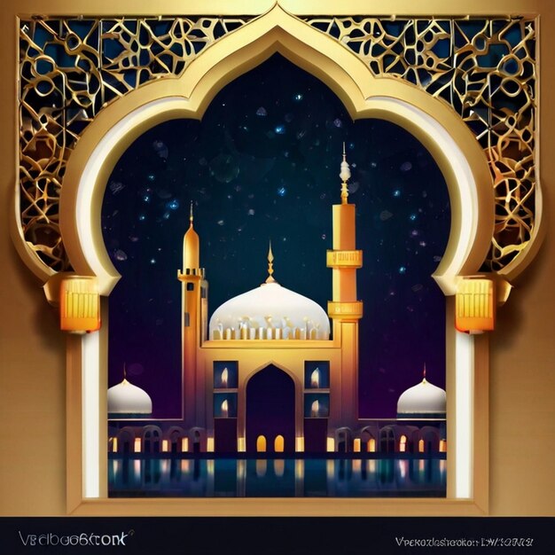 Photo eid ul fitr 3d lantern and mosque window islamic greeting cards eid mubarak background