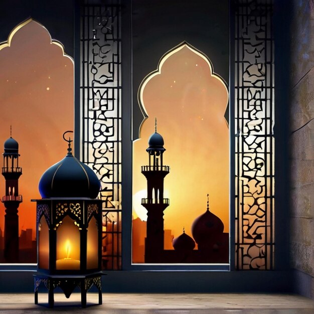 이드-울-피트르 3D 랜턴과 모스크 창문 이슬람 인사 카드 이드 무바라크 배경