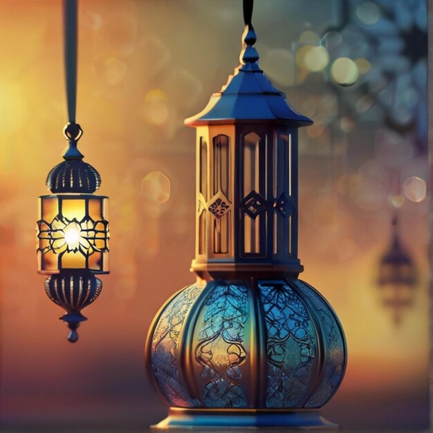 Eid ul fitr 3D lantern and mosque window Islamic greeting cards Eid Mubarak Background