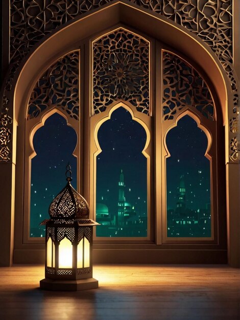 Eid ul fitr 3D lantern and mosque window Islamic greeting cards Eid Mubarak Background