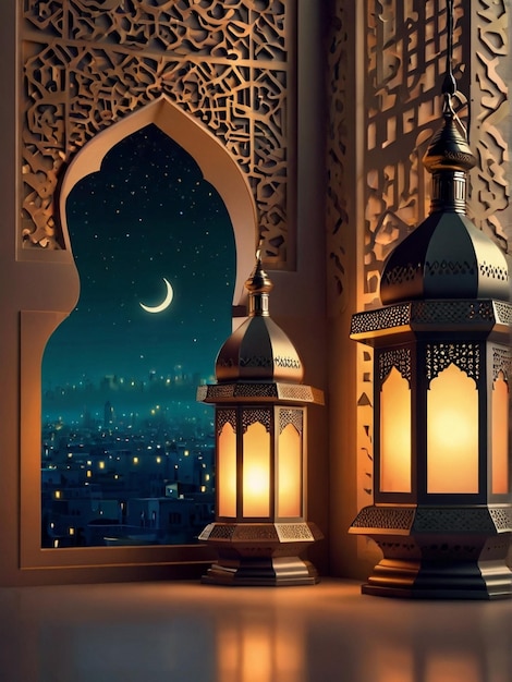 Eid ul fitr 3D lantern and mosque window Islamic greeting cards Eid Mubarak Background