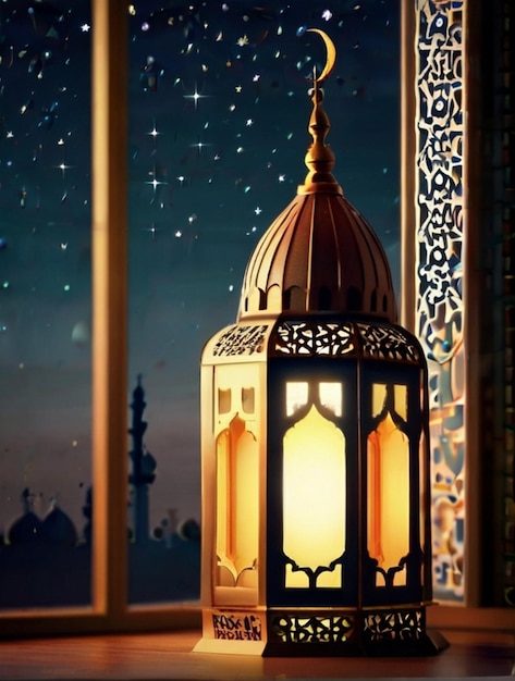 Eid ul fitr 3D lantern and mosque window Islamic greeting cards Eid Mubarak Background