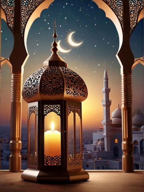 イード・ウル・フィトール 3D ランターンとモスクの窓 イスラム教の祝賀カード イーダ・ムバラック 背景