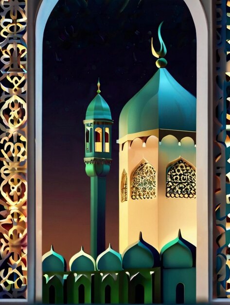 Eid ul fitr 3D lantern and mosque window Islamic greeting cards Eid Mubarak Background