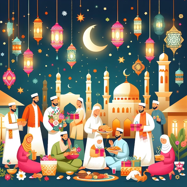 Photo eid ul fitr celebration decorative lantern religious background eid mubarak greetings wishing islami