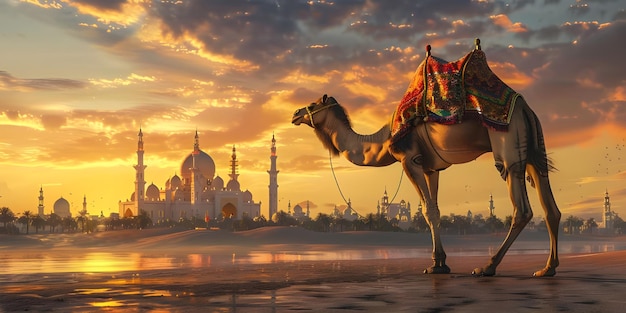 Eid ulAdha Greetings Camel and Mosque Celebration Camel Against Mosque Backdrop Ai Generated