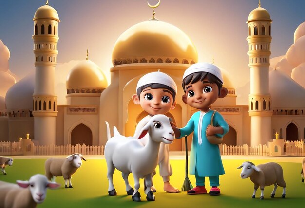 Foto cartella di auguri per l'eid ul-fitr con bambini musulmani che tengono in mano un personaggio di cartone animato di capra