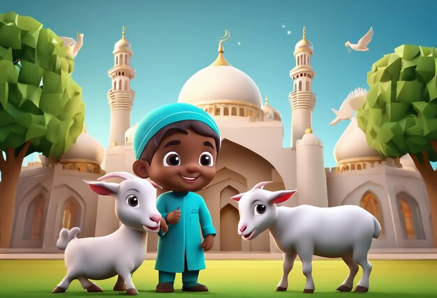 Foto eid ulfitr mubarak illustrazione di sfondo del personaggio dei cartoni animati musulmani