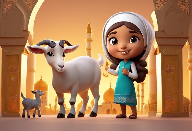 Foto eid ul-fitr mubarak illustrazione di sfondo di persone musulmane e capre carine