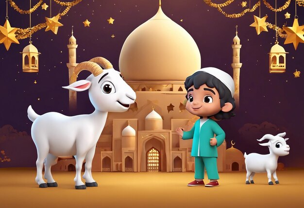 Foto eid ul-fitr mubarak illustrazione di sfondo di persone musulmane e capre carine