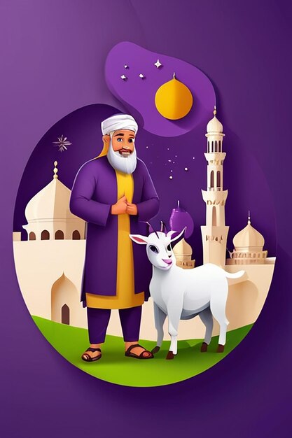 EidalAdha Mubarak Concept met een moslimman die een geit vasthoudt