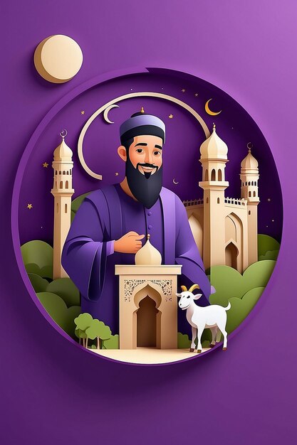 Концепция EidalAdha Mubarak с мусульманским мужчиной, держащим козу
