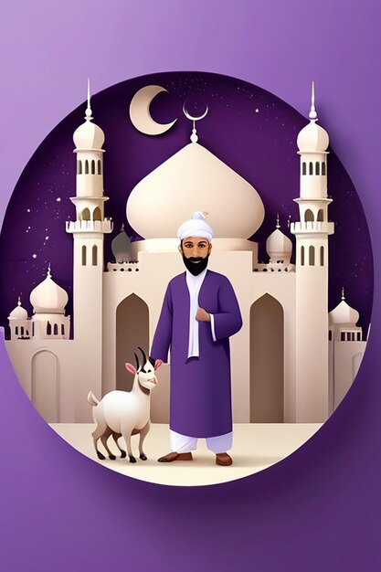 EidalAdha Mubarak Concept with Muslim Man Holding a Goat