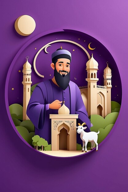 EidalAdha Mubarak Concept with Muslim Man Holding a Goat