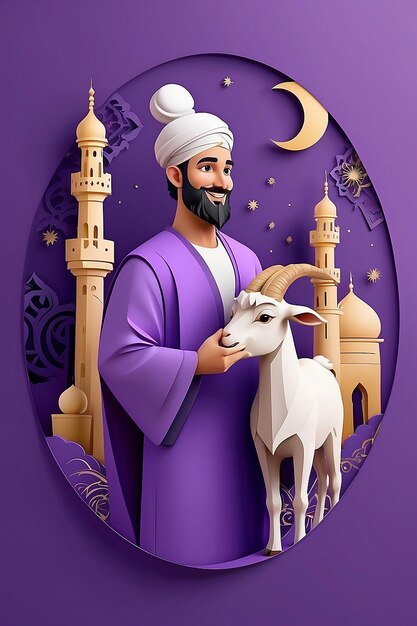 EidalAdha Mubarak Concept with Muslim Man Holding a Goat