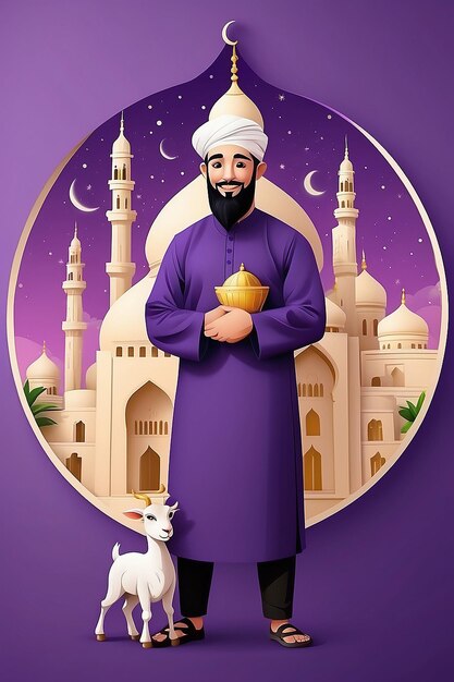 EidalAdha Mubarak Concept with Muslim Man Holding a Goat